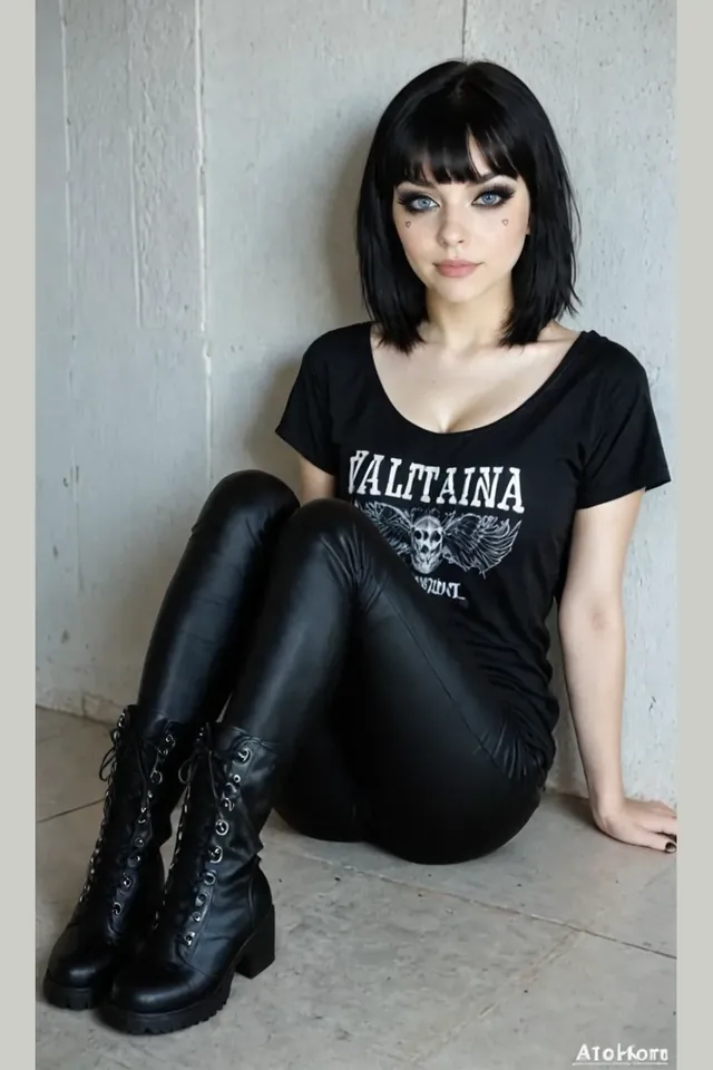 Character illustration with a black bob haircut, black T-shirt and lace-up boots